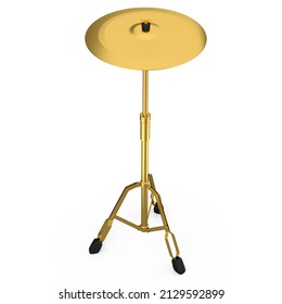 Metal cymbal on a stand on white background. 3d render concept of musical percussion instrument, drum machine.