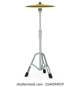 Metal Cymbal On A Stand On White Background. 3d Render Concept Of Musical Percussion Instrument, Drum Machine.