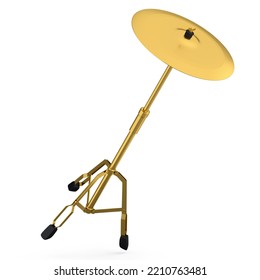 Metal Cymbal On A Stand On White Background. 3d Render Concept Of Musical Percussion Instrument, Drum Machine.