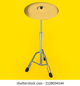 Metal Cymbal On A Stand On Yellow Background. 3d Render Concept Of Musical Percussion Instrument, Drum Machine.