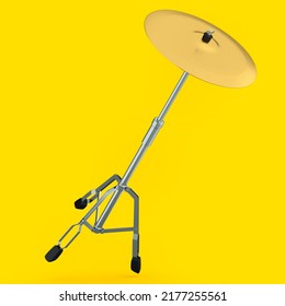 Metal Cymbal On A Stand On Yellow Background. 3d Render Concept Of Musical Percussion Instrument, Drum Machine.