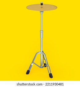 Metal Cymbal On A Stand On Yellow Background. 3d Render Concept Of Musical Percussion Instrument, Drum Machine.