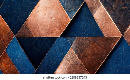 Metal Dark Blue Tile With Copper Triangles. Modern Geometric Background