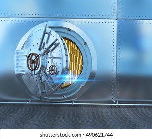 The metal door of the safe, the gold in the safe. 3D illustration - Shutterstock ID 490621744