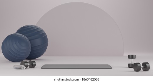 Metal Dumbbell, Fit Ball, Yoga Mat And Drinking Water Bottle. Equipment For Fitness On White Background. 3D Rendering