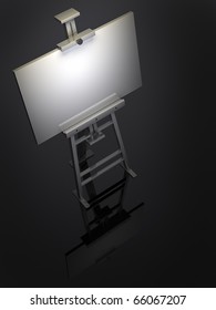 Metal Easel With Blank Canvas Isolated On Black 3D Render