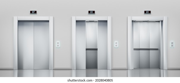 Metal elevator with closed, ajar and open lift doors in hallway. Realistic empty office lobby interior, hotel or waiting area with silver cabins, button panel and display on wall, 3d render