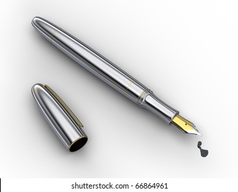 Metal Fountain Pen And Ink Drop On White Background