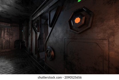 Metal Gate Door Rusty Sci-fi In Dark Scene 3D Rendering Laboratory Wallpaper Background