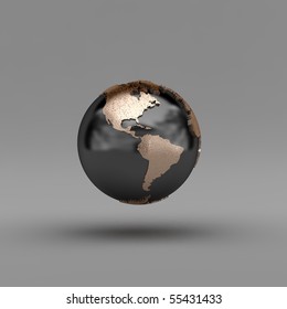Metal globe showing North and South America over gray background - clipping path included