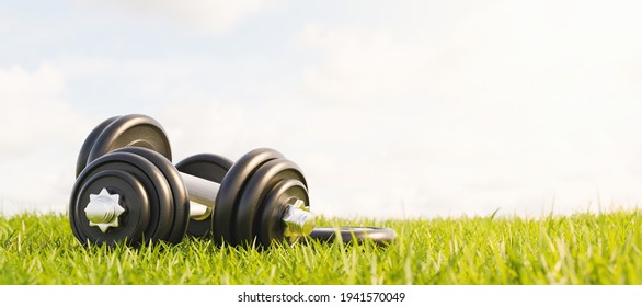 metal gym dumbbells stacked on grass in a park with sunny sky. outdoor exercise. 3d render - Powered by Shutterstock