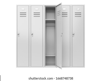 Metal gym lockers with one open door. 3d rendering illustration isolated on white background