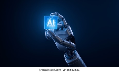 Metal Hand of Humanoid Robot is Holding Innovative and Advanced AI Accelerated Chip. Humanoid Robot Hand with Glowing Futuristic Processor. Cooperation with Artificial Intelligence - Powered by Shutterstock