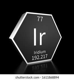 Metal Hexagonal Block Representing The Periodic Table Element Iridium. Presented As White Text On A Black Backing Plate With A Black Background. This Image Is A 3d Render.