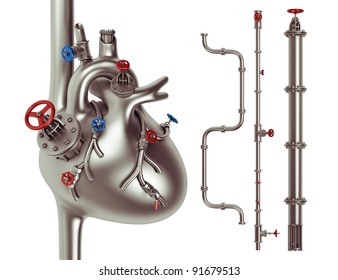 Metal industrial heart and vessel 3d illustration