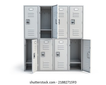 Metal locker box with open doors isolated on white. 3d illustration