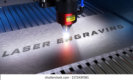 Metal machining with sparks on CNC laser engraving maching. 3D rendering