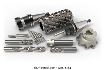 Metal Milling Tools For Cnc Machine On White Background 3D Rendering