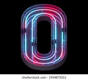 Metal neon mirror font. Ultraviolet light. Number 0. 3d rendering.