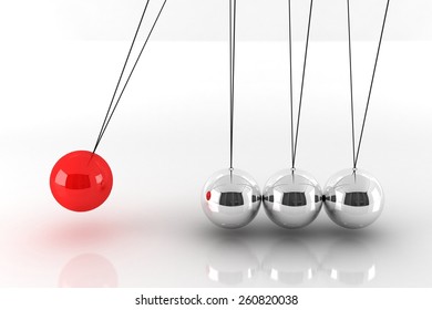 Metal Newton\'s Cradle Isolated on White. One Red Metal Ball Team Leader Concept. 3D Render Illustration.