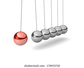 Metal Newton's cradle with one red ball isolated on white background. Balancing balls Newton's cradle. 3D render.