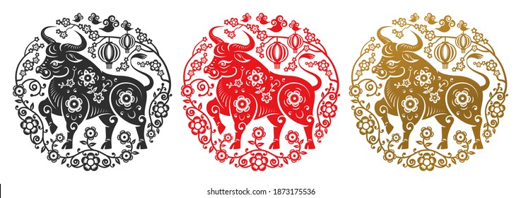 Metal Ox Zodiac Signs In Flower Circles Of Golden, Black And Red Color. Happy Chinese New Year Greeting Card Papercut Decor, Lunar Holiday Celebration. Chinese CNY 2021 Symbol, Taurus