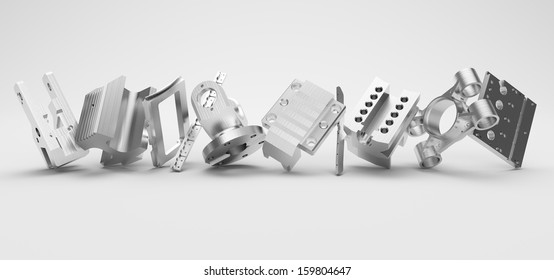 Metal Parts Standing In Row On A White Background. Series Of Aluminium Chrome Spares Of Machinery. Mechanism Nodes Unit. Industrial Objects Created On A Work Bench In Front Lined Up Composition