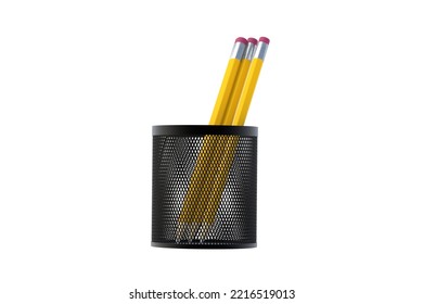 Metal Pencil Holder Isolated On White Background. Grid Pot. Stationery Accessories. 3d Render