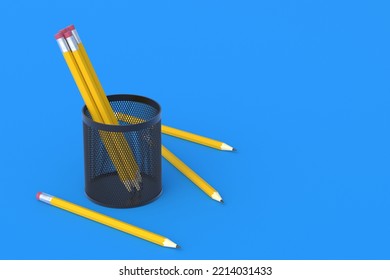 Metal Pencil Holder On Blue Background. Grid Pot. Stationery Accessories. Copy Space. Top View. 3d Render