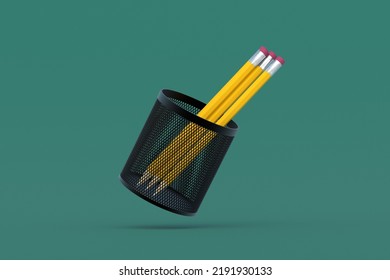 Metal Pencil Holder On Green Background. Grid Pot. Stationery Accessories. Copy Space. Top View. 3d Render