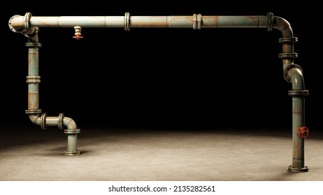 Metal Pipe With Valves, Connectors And Rivets On A Concrete Floor Forming A Frame (black Background, 3d Render)