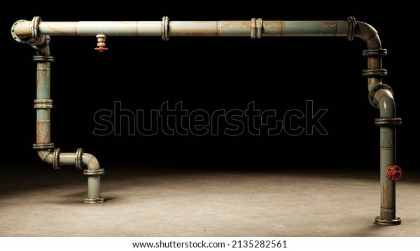 metal pipe with\
valves, connectors and rivets on a concrete floor forming a frame\
(black background, 3d\
render)