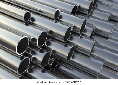 Metal pipes on warehouse. 3d illustration