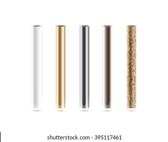 Metal pipes set isolated white  Shiny metallic cylinder pipe  silver  grey  golden  chrome  steel  rusty  Gold pole design  Glossy color stick gradient graphic design  Rust column tube and hole 