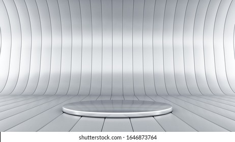 Metal Podium In Center Of Abstract Industrial Background - Curved Metal Stripes. 3D Render