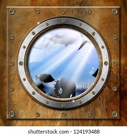 Metal Porthole with Sea Abyss Landscape / Brown and metallic porthole with bolts and blue sea abyss landscape - Shutterstock ID 124193488