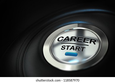 metal push button where it's written career start over a black background with blur effect