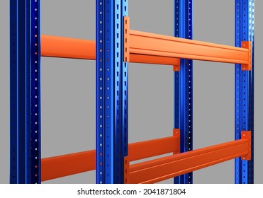Metal rack for storage. Blue-orange warehouse furniture. Fragment of storage shelves. Warehouse equipment and tools concept. Warehouse racks on gray background. Furniture for Self storage. 3d image.