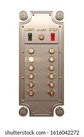 Metal retro panel with luminous vintage buttons for calling elevator floors. Buttons with numbers in the elevator. Front view . 3d illustration isolated on white background.
