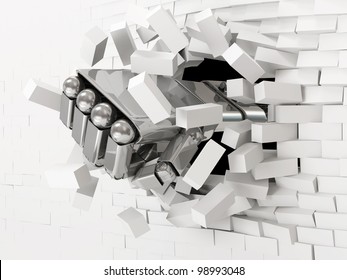 Metal Robotic Hand Breaking Through a Brick Wall
