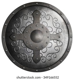 Metal Round Shield With Cross Isolated