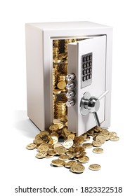 Metal safe vault with open door and filled coins isolated on white background 3D.
