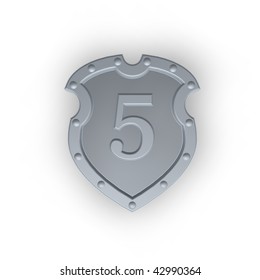 Metal Shield With The Number Five On White Background - 3d Illustration