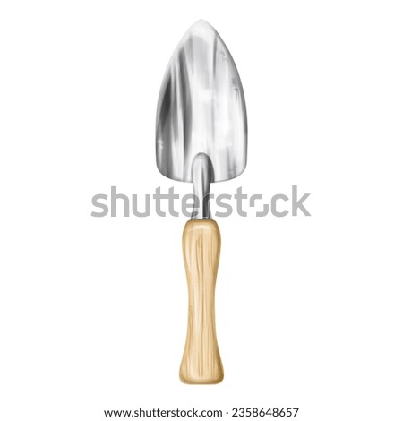 A metal shovel with wooden handle. A garden tool of a florist and an agronomist for cultivating the land. Equipment for the care of the farm, garden, plants and flowers. Digital isolated illustration.