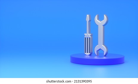 Metal sign of screwdriver and wrench tools on a dark blue podium on a blue background. The concept of breakdowns, repairs, car service, workshop. 3d rendering