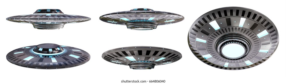 Metal and silver vintage UFO collection isolated on white background 3D rendering