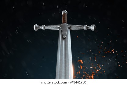 Metal Sword On A Dark Background With Snow. 3d Render