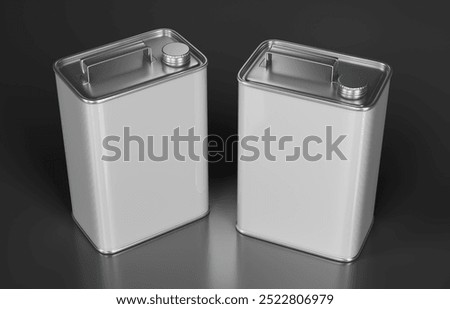 Metal tin cans mockup rectangular shape with screw cap and handle. 3d illustration on dark background