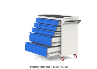 Metal Tool Cabinet-table On Wheels With Drawers. A Convenient Place For Storing Tools And Spare Parts. Service Garage Tools Box. 3D-model Rendering Of The Table For Shooting From Above.