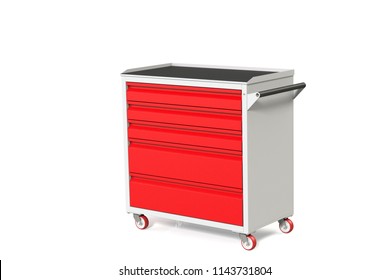 Metal Tool Cabinet-table On Wheels With Drawers. A Convenient Place For Storing Tools And Spare Parts. Service Garage Tools Box. 3D-model Rendering Of The Table For Shooting From Above.